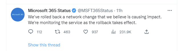 Microsoft365 ステータスページのメッセージ2(Twitter)