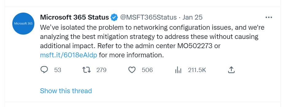 Microsoft365 ステータスページのメッセージ1(Twitter)