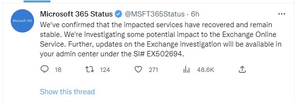 Microsoft365 ステータスページのメッセージ3(Twitter)